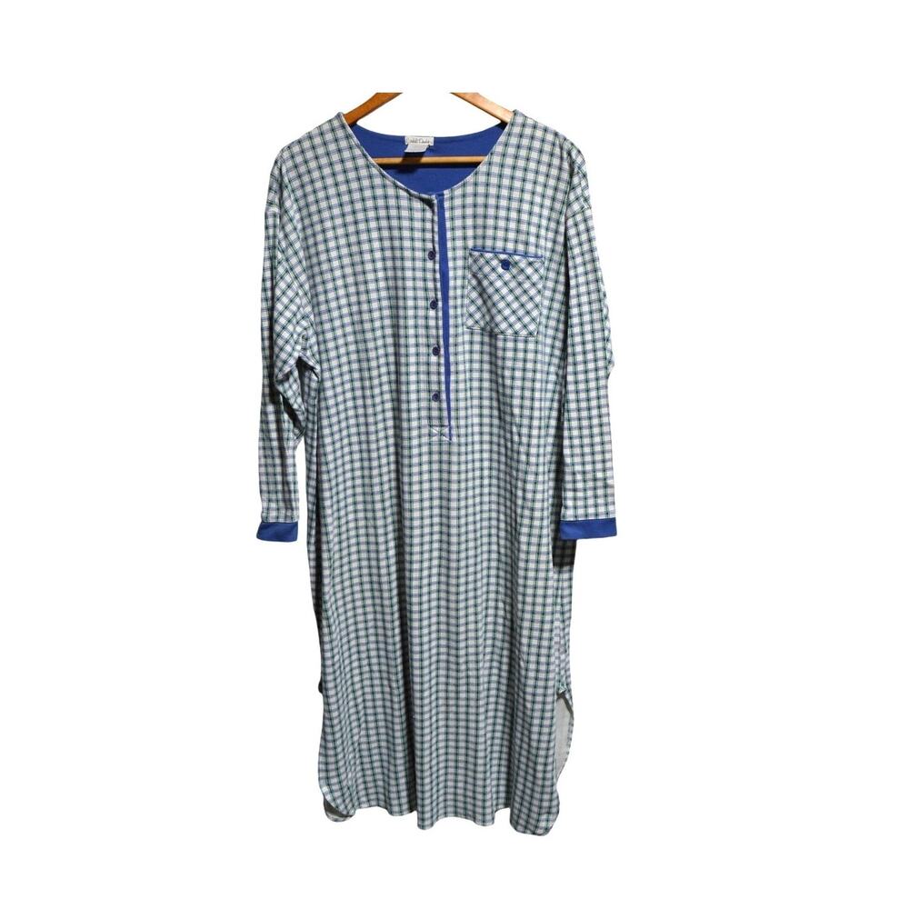 Cuddl Duds Woman's Green Blue & White Plaid Cozy Night Dress Size Large